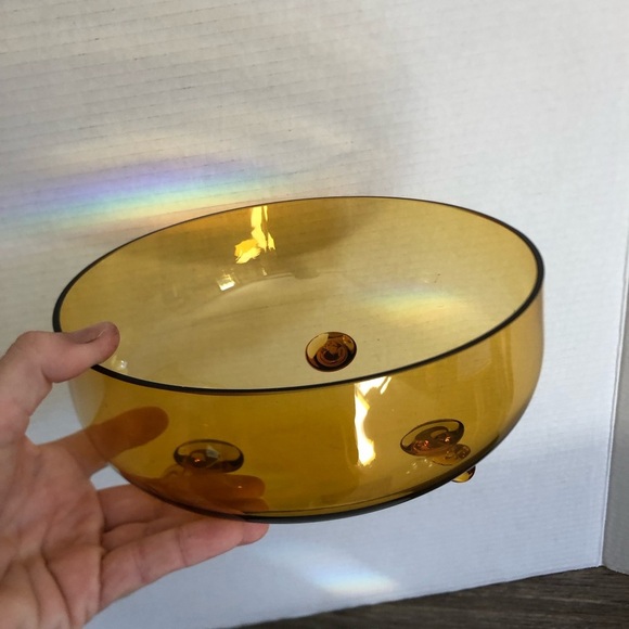 Handblown Amber Art Glass Bowl with Feet - Picture 4 of 11